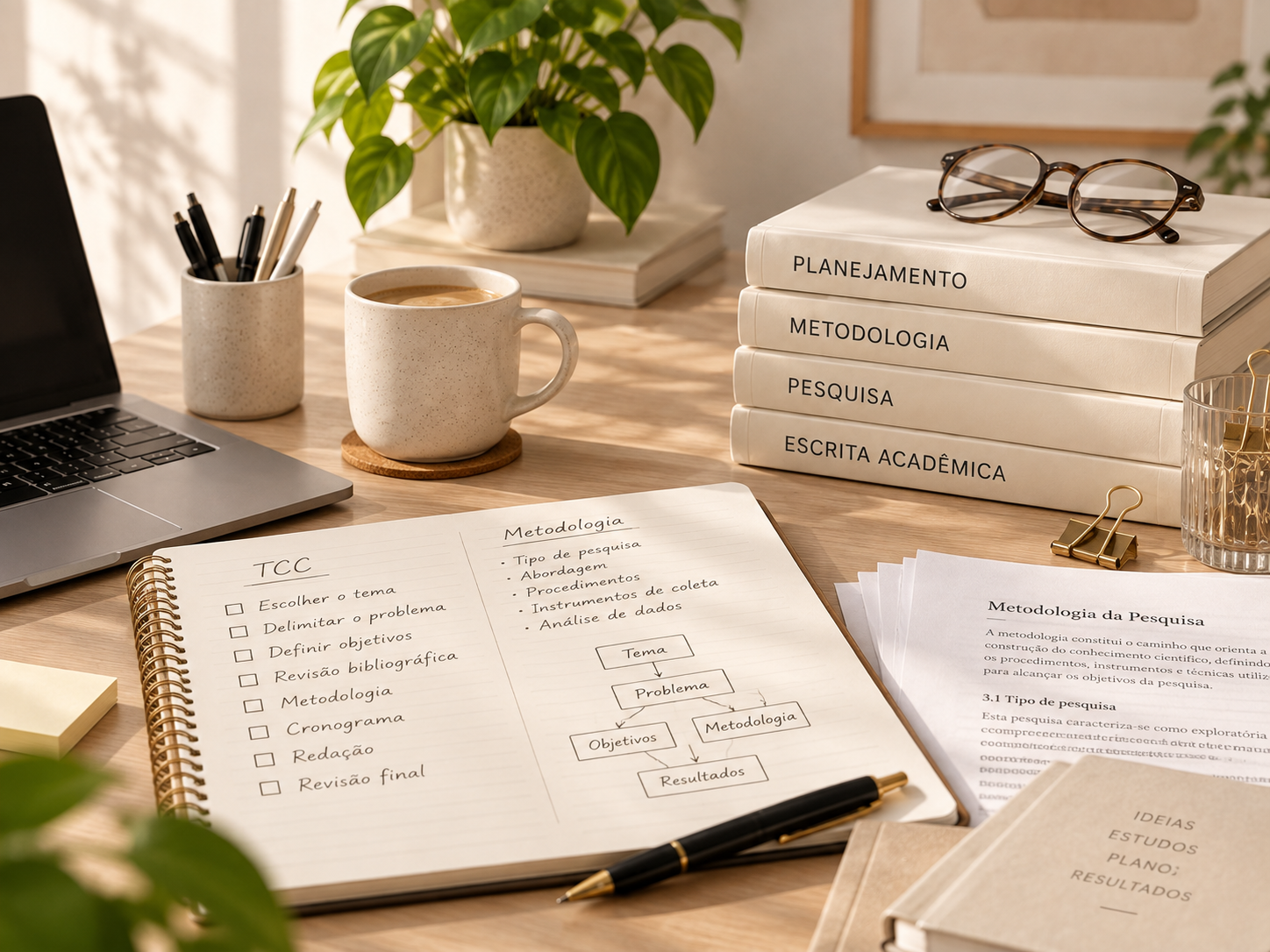 Caderno com planejamento de TCC e metodologia