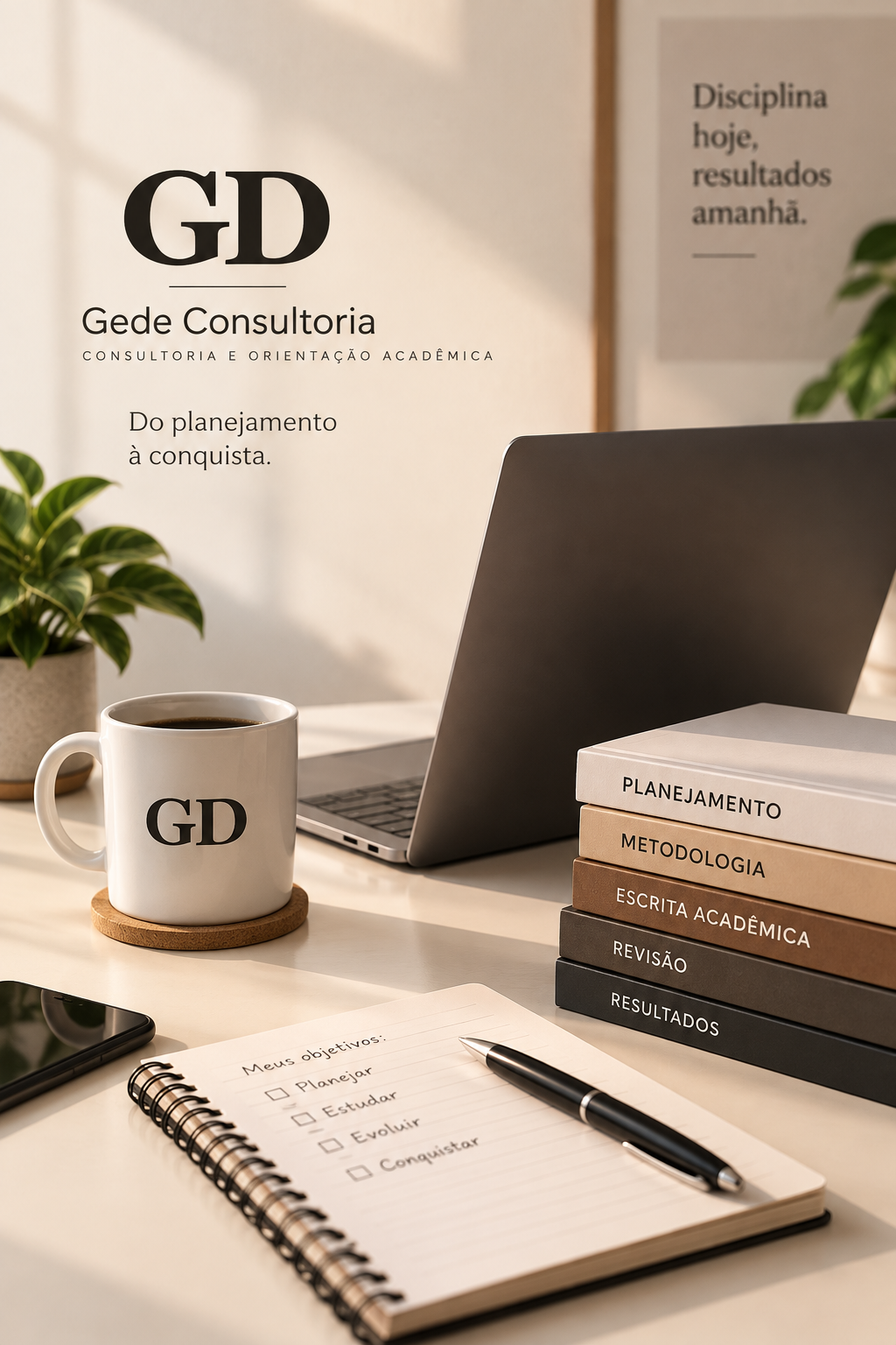 Ambiente de estudos clean com livros, caderno, planta e mesa em tons neutros