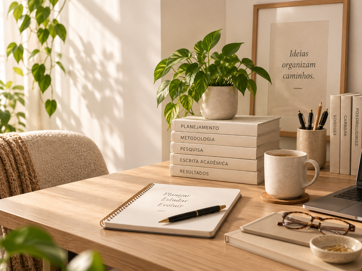 Ambiente acadêmico acolhedor com livros, caderno, planta e mesa de estudo
